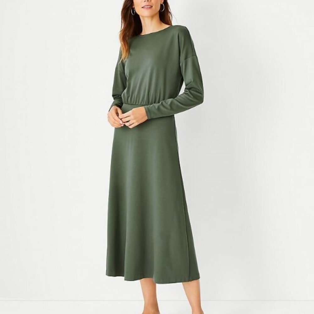 Ann Taylor Spring Pine Green Blouson A-Line Midi Dress